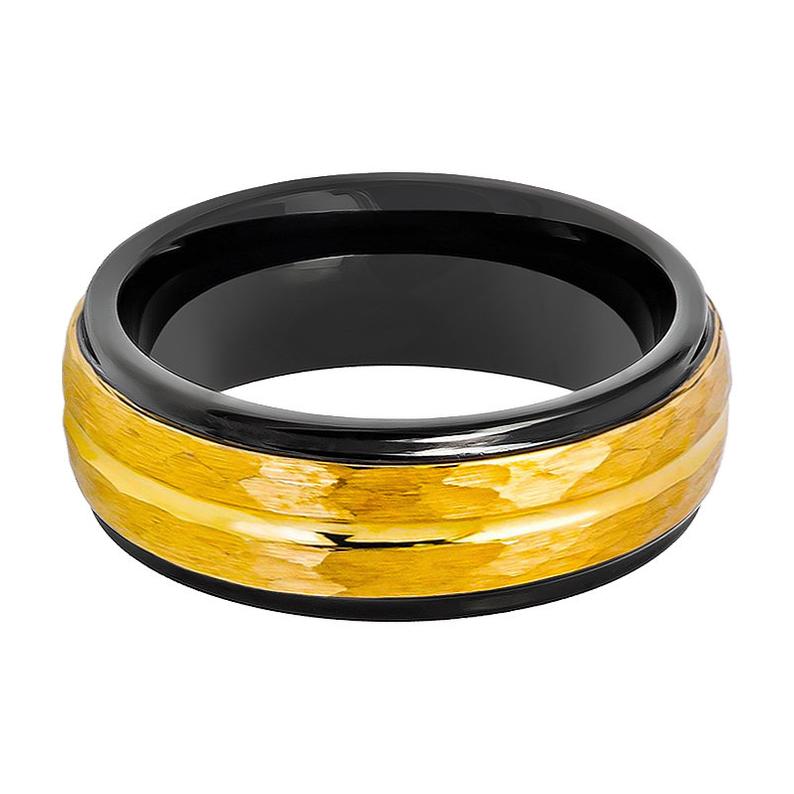 Men's Two Tone Black Inside & Yellow Gold Hammered Finish with Center Groove Stepped Edge Tungsten Ring