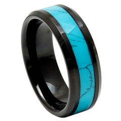 Men's Black and Water Blue Marble Opal Inlay Tungsten Ring Hammered Tungsten Wedding- 8mm Tungsten Ring