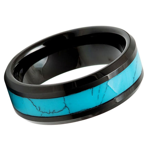 Men's Black and Water Blue Marble Opal Inlay Tungsten Ring Hammered Tungsten Wedding- 8mm Tungsten Ring