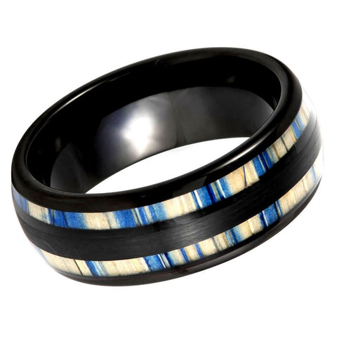 Men's Black Band and Wooded Blue Pinstripe Tungsten Anniversary- 8mm Tungsten Ring