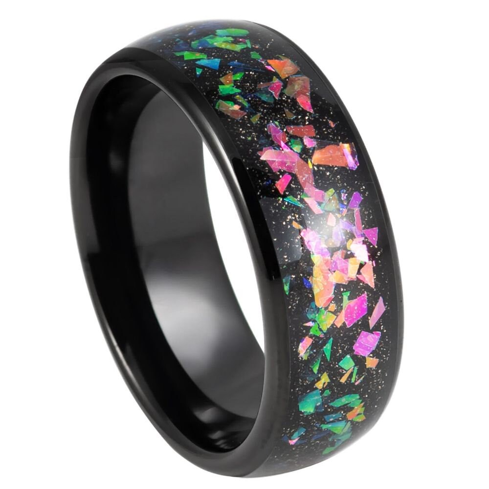 Men's Black Band With Multi Color Marble Opal Inlay Tungsten Wedding- 8mm Tungsten Ring