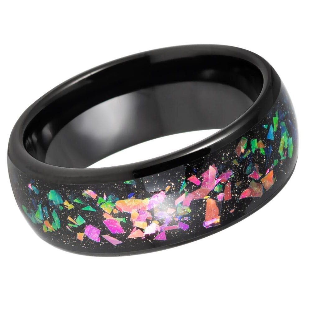 Men's Black Band With Multi Color Marble Opal Inlay Tungsten Wedding- 8mm Tungsten Ring