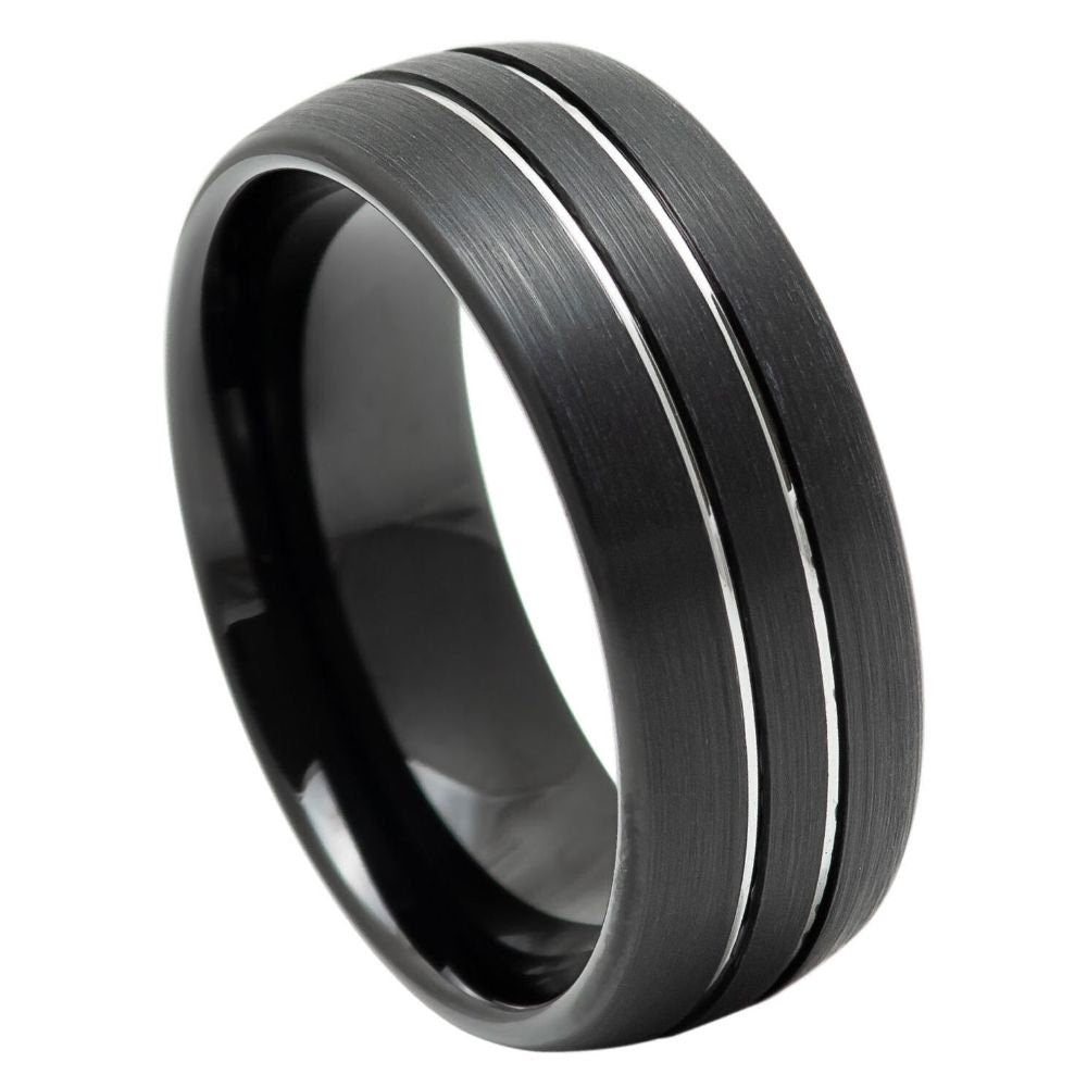 Men's Black Brushed Band with Pin Silver Tungsten Anniversary- 8mm Tungsten Ring