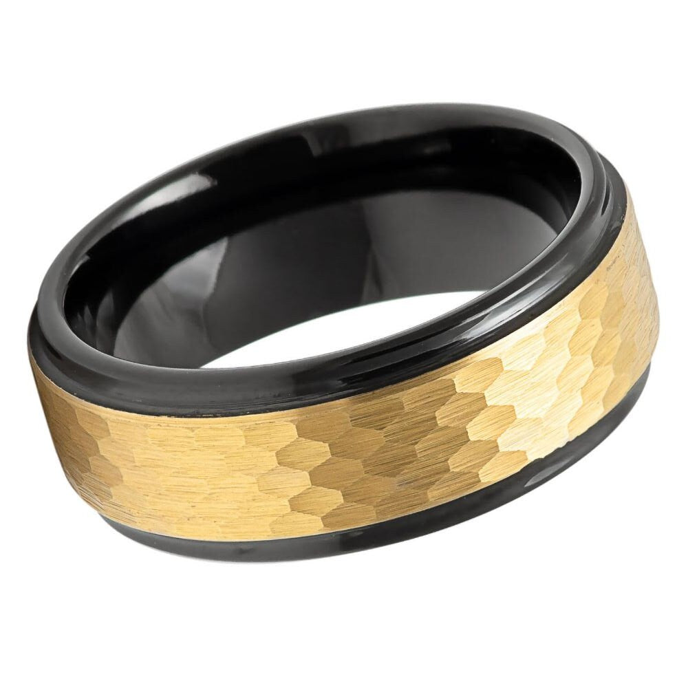 Men's Black Band and Gold Hammered Tungsten Wedding- 8mm Tungsten Ring