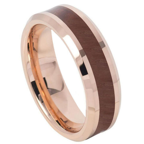 Men's Rose Gold Band With Brushed Brown Opal Inlay Tungsten Engagement- 6mm Tungsten Ring