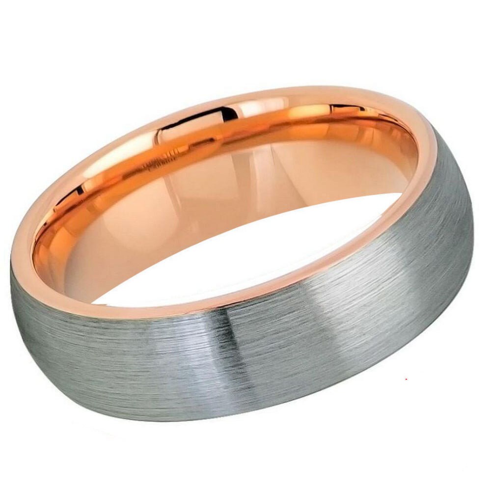 Men's Brushed Silver With Rose Gold Band Tungsten Anniversary- 6mm Tungsten Ring