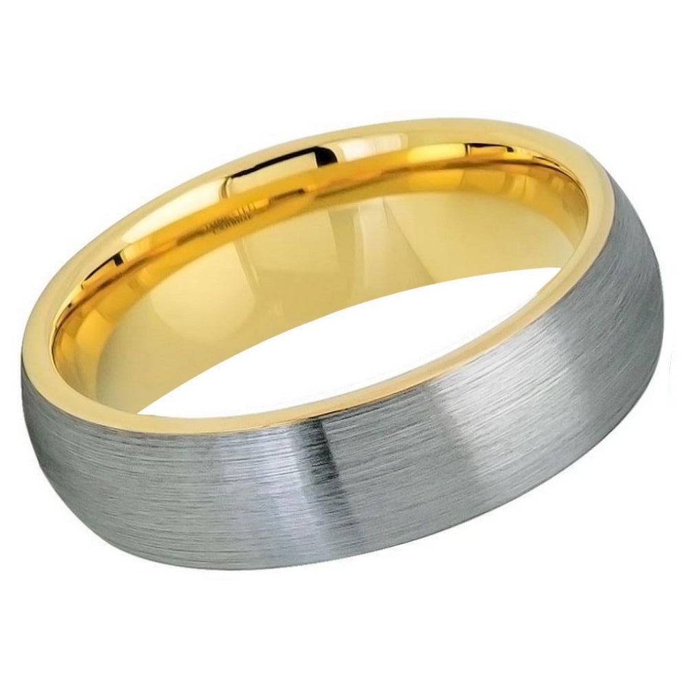 Men's Brushed Silver with Gold Band Tungsten Wedding- 6mm Tungsten Ring