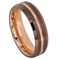 Men's Brushed Brown with Grooved Rose Gold Tungsten Anniversary- 6mm Tungsten Ring