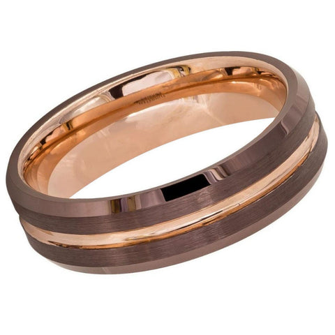 Men's Brushed Brown with Grooved Rose Gold Tungsten Anniversary- 6mm Tungsten Ring