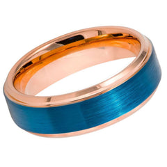 Men's Brushed Saphire Blue with Rose Gold  Tungsten Anniversary- 6mm Tungsten Ring