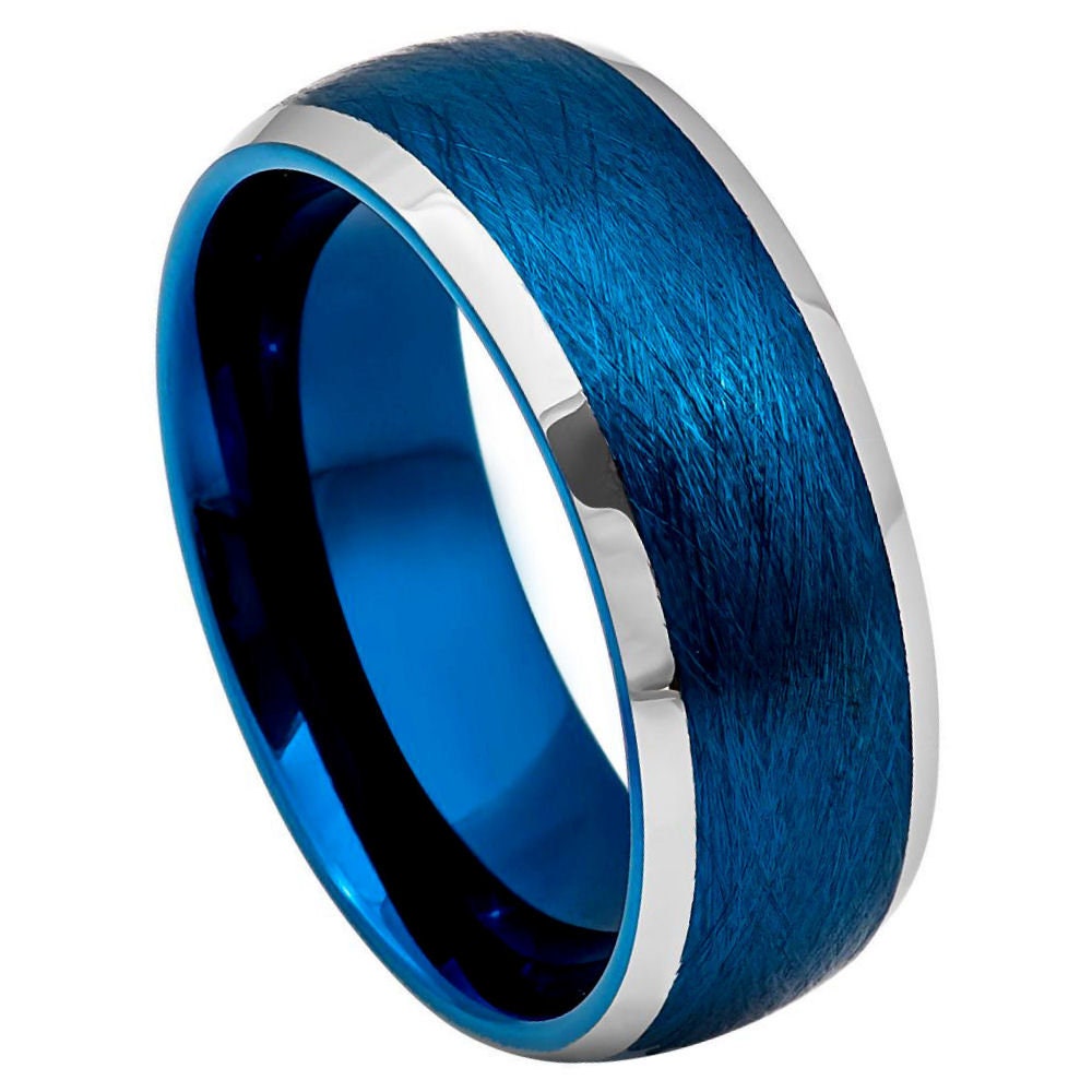 Men's Sapphire Blue Band with Silver and Sapphire Blue Opal Inlay Tungsten Engagement- 8mm Tungsten Ring