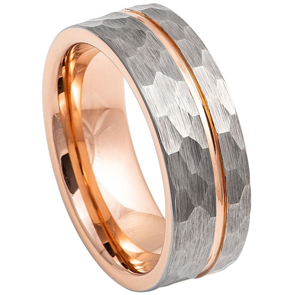 Men's Rose Gold Band with Silver Brushed Hammered Tungsten Anniversary- 8mm Tungsten Ring