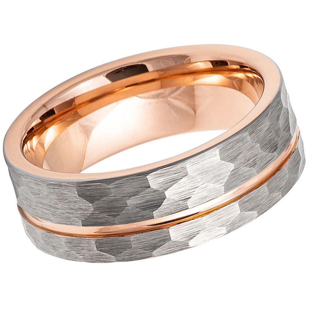 Men's Rose Gold Band with Silver Brushed Hammered Tungsten Anniversary- 8mm Tungsten Ring