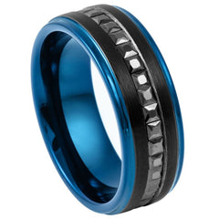 Men's Sapphire Blue Band and Black Brushed with CZ Tungsten Wedding- 8mm Tungsten Ring