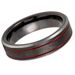 Men's Black Band with Two side Red Stripe Brushed Tungsten Wedding- 6mm Tungsten Ring