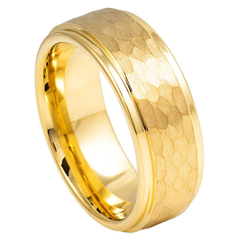 Men's Gold Band with Yellow Gold Hammered Tungsten Engagement- 8mm Tungsten Ring