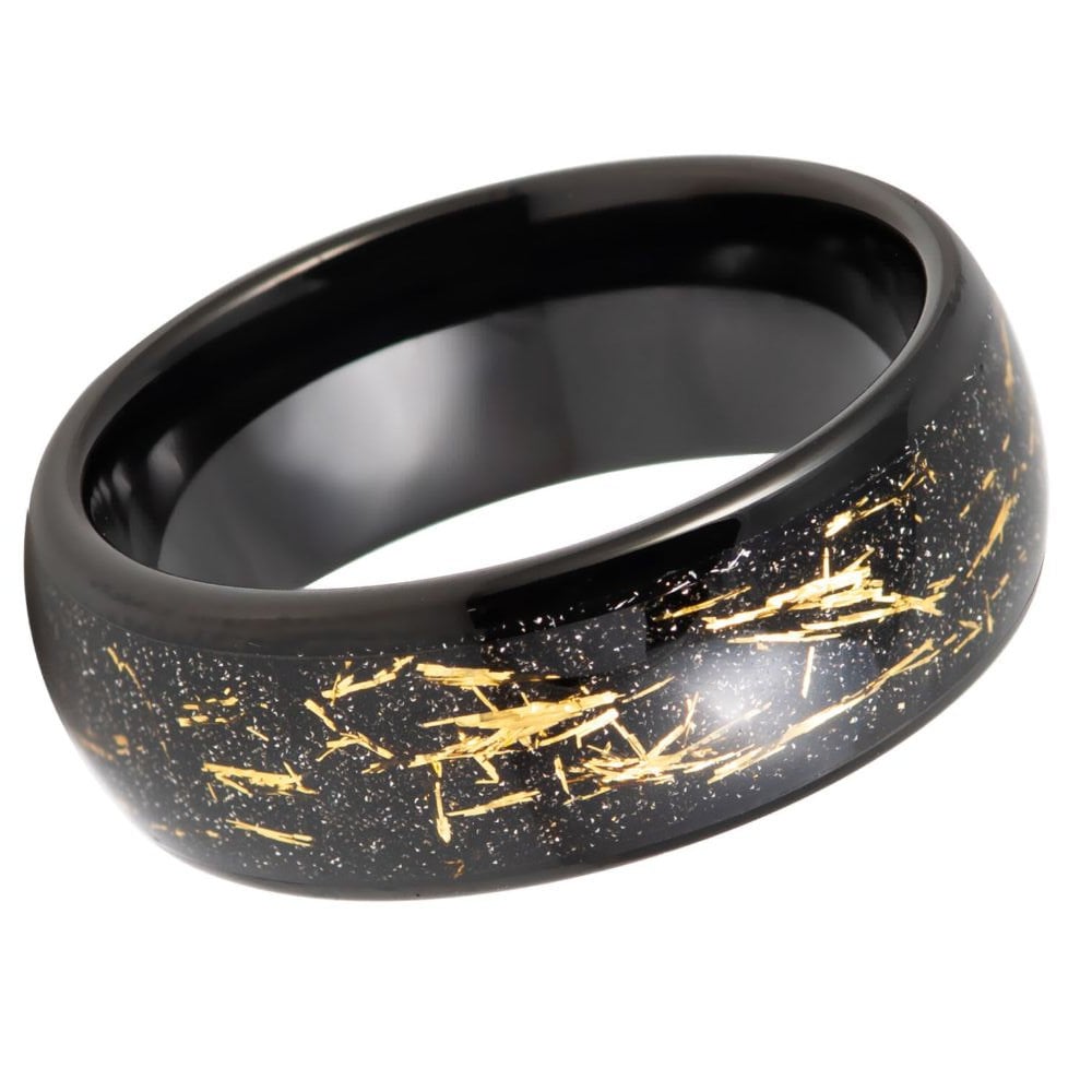 Men's Black Band with Black/Gold Marble Opal Inlay Tungsten Engagement- 8mm Engraved Tungsten Ring