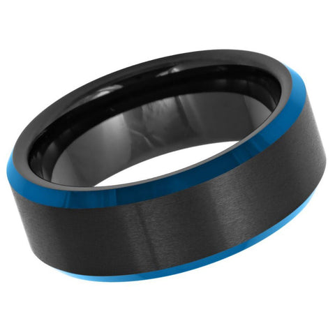 Men's Black Band with Sapphire Blue/Black Brushed Tungsten Anniversary- 8mm Tungsten Ring