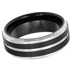 Men's Grey and Black Band with Black Brushed Tungsten Engagement- 8mm Tungsten Ring