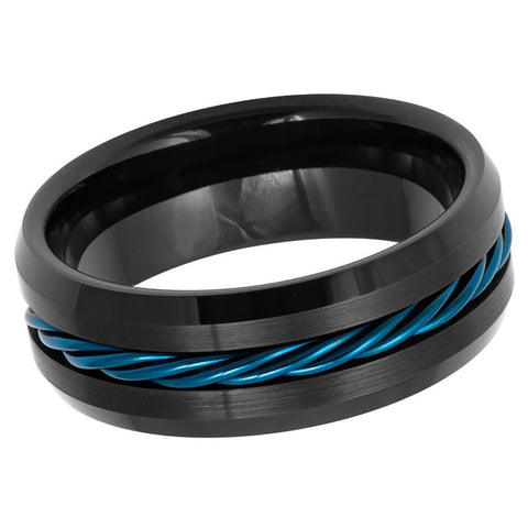 Men's Black Band with Sapphire Blue Braid Tungsten Engagement- 8mm Tungsten Ring