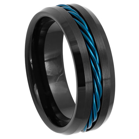 Men's Black Band with Sapphire Blue Braid Tungsten Engagement- 8mm Tungsten Ring