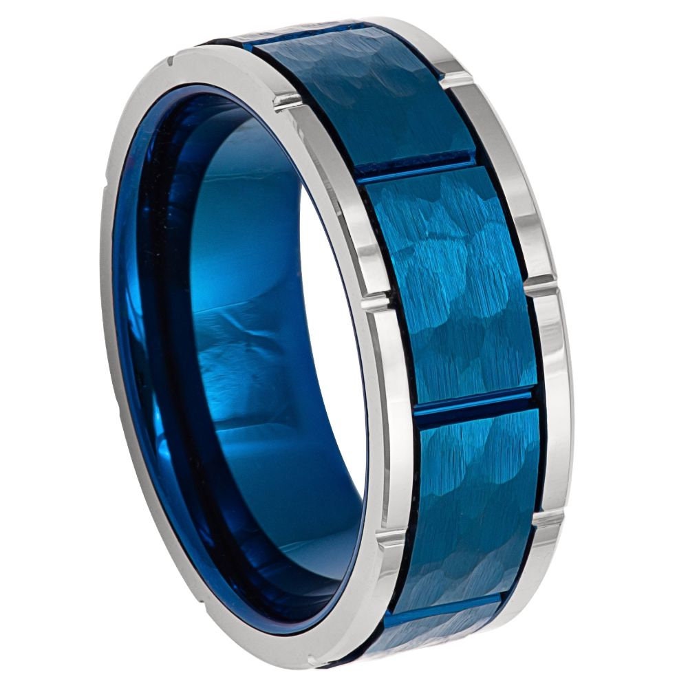 Men's Sapphire Blue Band Silver Outline with Sapphire Blue Square Hammered Tungsten Engagement- 8mm Tungsten Ring