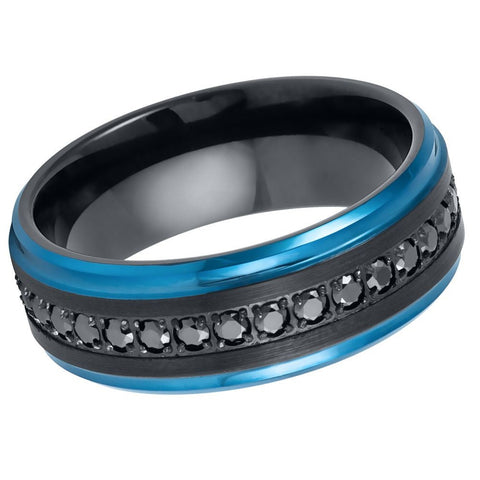 Men's Black Band and Blue outline Black Brushed with Black CZ Tungsten Anniversary- 8mm Tungsten Ring