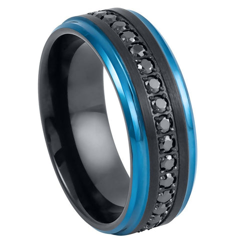 Men's Black Band and Blue outline Black Brushed with Black CZ Tungsten Anniversary- 8mm Tungsten Ring