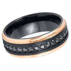 Men's Black Band and Rose Gold outline Black Brushed with Black CZ Tungsten Wedding- 8mm Tungsten Ring