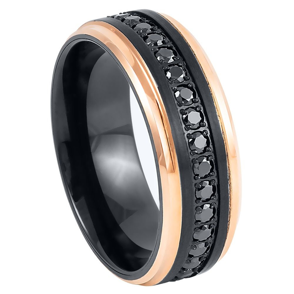 Men's Black Band and Rose Gold outline Black Brushed with Black CZ Tungsten Wedding- 8mm Tungsten Ring