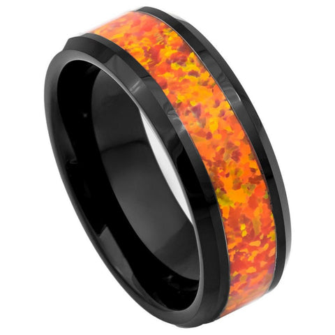 Men's Thunder Black with Tangerine Orange Opal Tungsten Engagement- 8mm Tungsten Ring