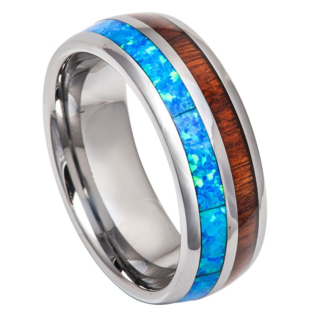 Men's Genie Blue/Wood Opal Inlay With Silver Tungsten Engagement- 8mm Tungsten Ring