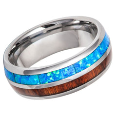 Men's Genie Blue/Wood Opal Inlay With Silver Tungsten Engagement- 8mm Tungsten Ring