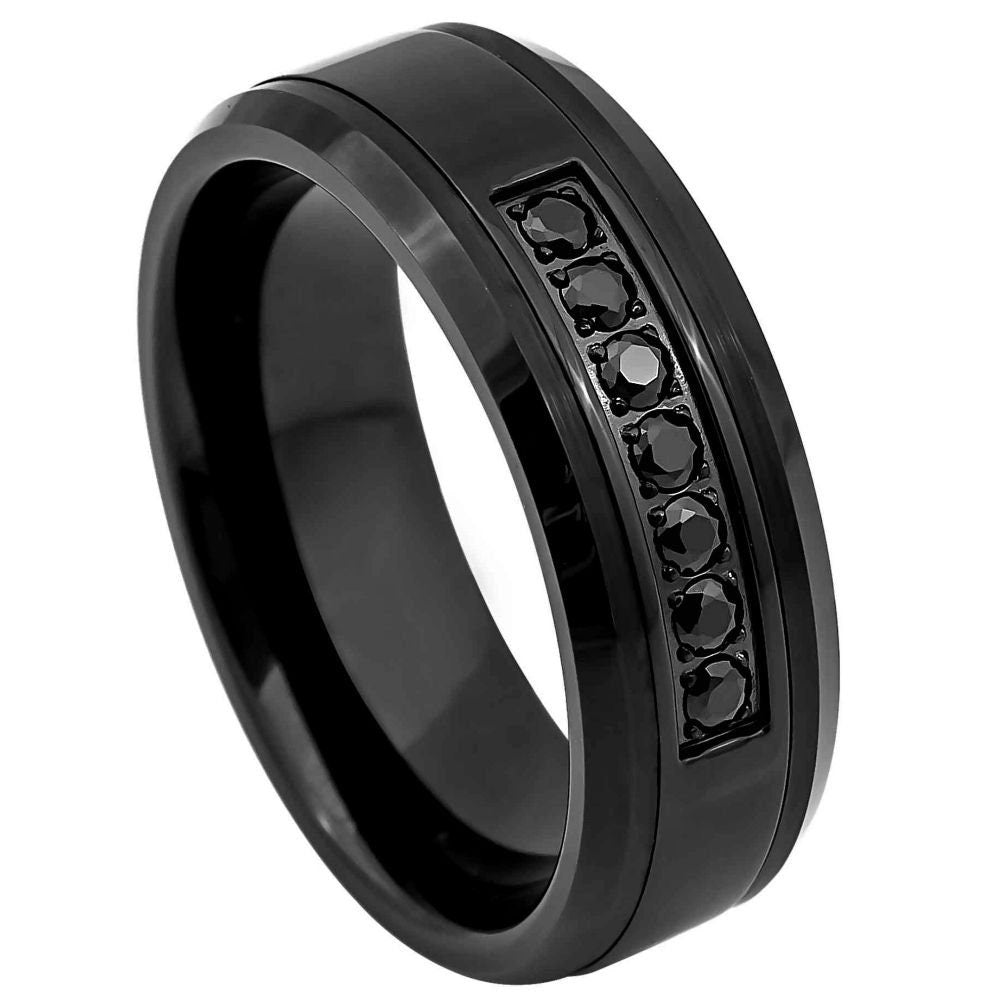 Men's Horizon Black with 7 CZ Black Stones Wedding Tungsten- 8mm Engraved Tungsten Ring