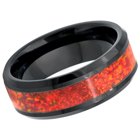 Men's Thunder Black with Autumn Color Opal Inlay Engagement Tungsten- 8mm Tungsten Ring