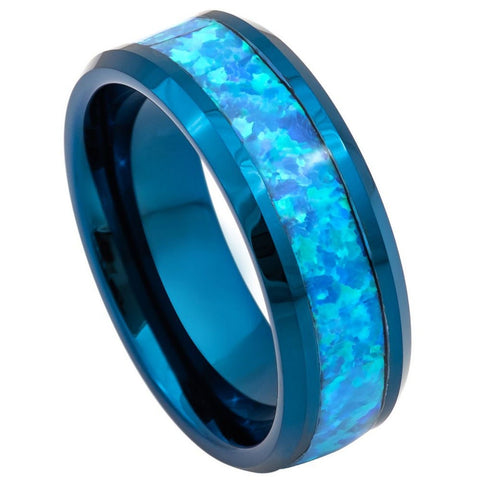 Men's Domed Classic Frosty Blue Band with Blue Opal Inlay Anniversary Tungsten- 8mm Tungsten Ring