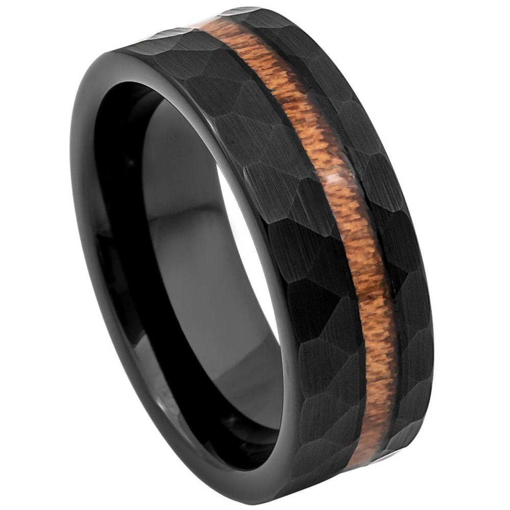 Men's Inferal Black Hammered Band with Wood Inlay Wedding Tungsten- 8mm Tungsten Ring