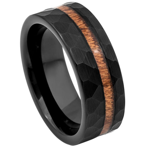 Men's Inferal Black Hammered Band with Wood Inlay Wedding Tungsten- 8mm Tungsten Ring