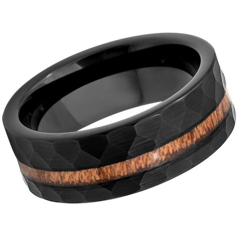 Men's Inferal Black Hammered Band with Wood Inlay Wedding Tungsten- 8mm Tungsten Ring