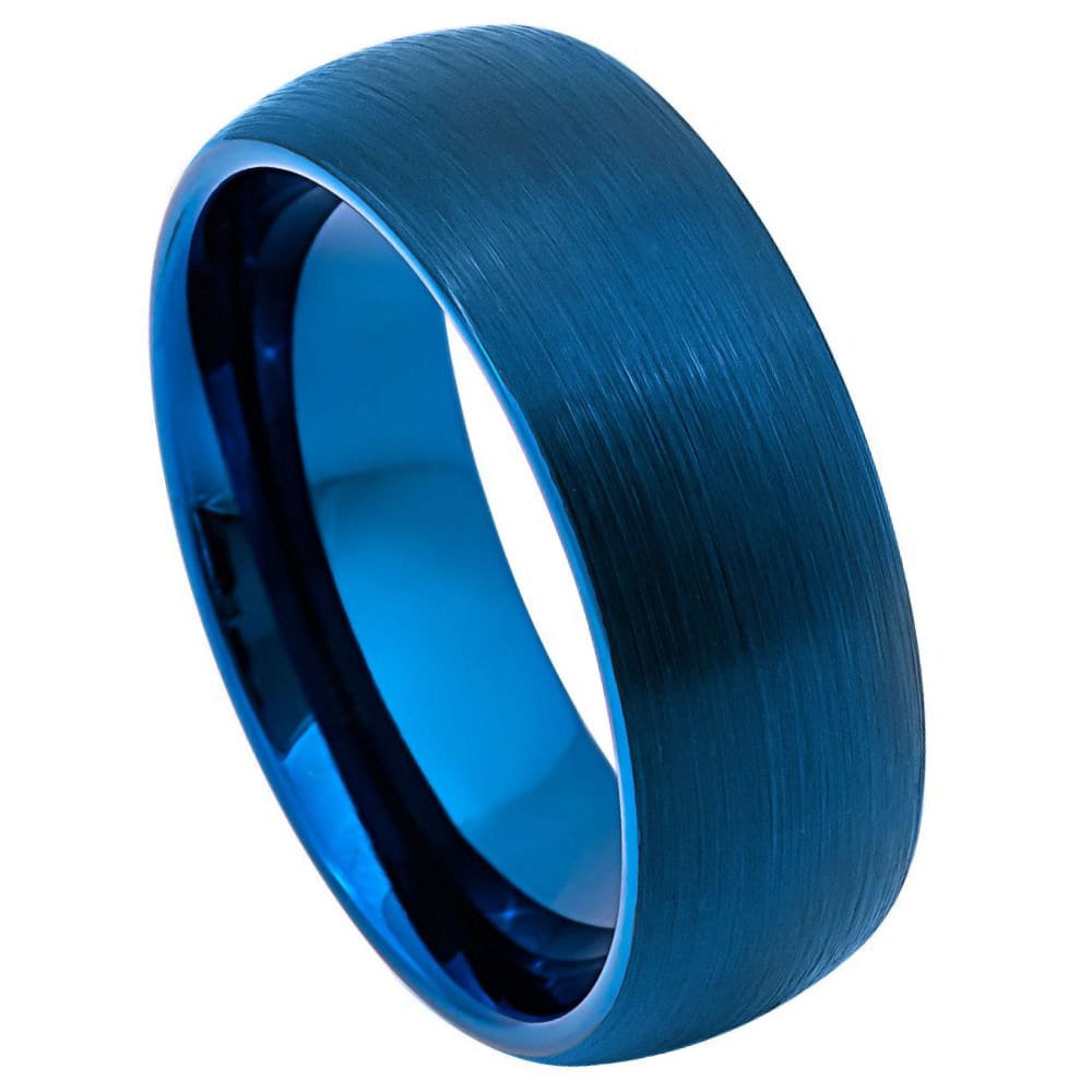 Men's Glowhigh Domed Blue Brushed Band with Inside IP Plated Finish Anniversary Tungsten- 8mm Tungsten Ring