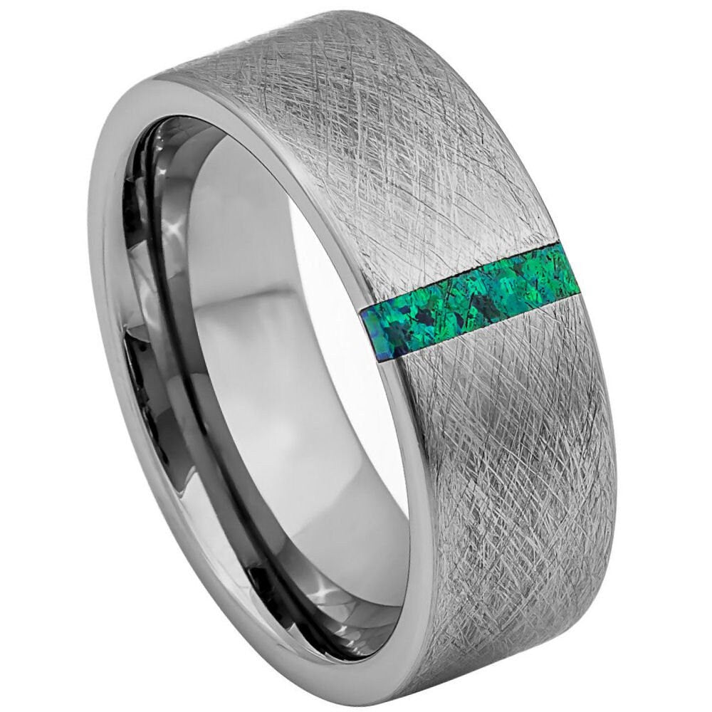 Men's Ice Finish Center with Synthetic Lime Green Opal Bar Inlay Anniversary Tungsten- 8mm Tungsten Ring