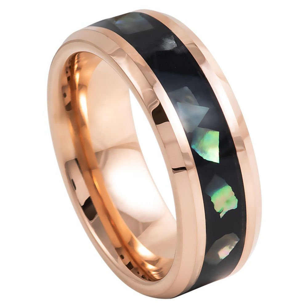 Men's Beveled Rose Gold Band with Emerald Green and Black Tungsten Anniversary- 8mm Tungsten Ring