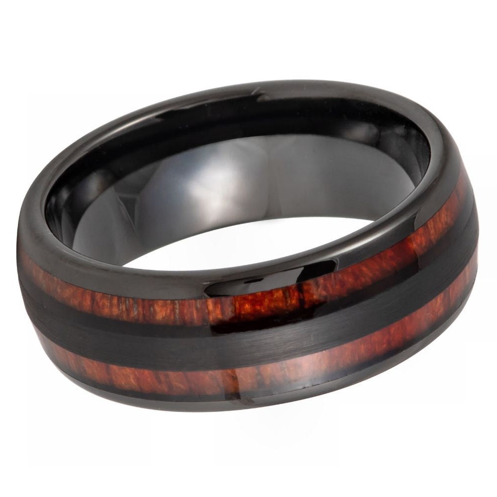 Men's Dapper Black Tungsten Tungsten Ring with Double Koa Wood Inlay Tungsten- 8mm Engraved Tungsten Ring