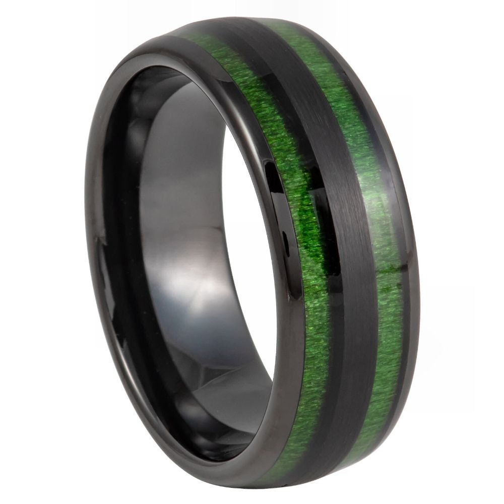 Men's Black Tungsten Wedding Tungsten Ring with Green Brushed Exterior & Grooved Center Stepped Edges- 8mm Engraved Tungsten Ring