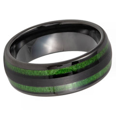 Men's Black Tungsten Wedding Tungsten Ring with Green Brushed Exterior & Grooved Center Stepped Edges- 8mm Engraved Tungsten Ring