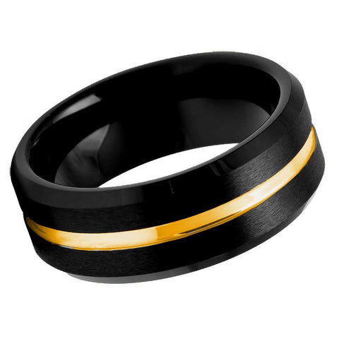 Men's Senna Black Band with Gold Grooved Tungsten Anniversary- 8mm Engraved Tungsten Ring