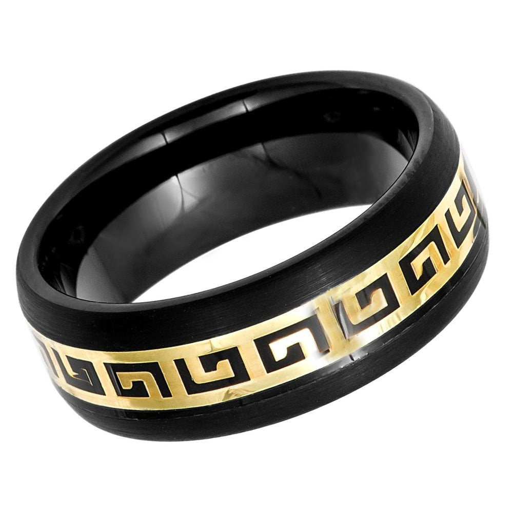 Men's Black Tungsten Wedding Band with Gold Fiber Inlay & Polished Beveled Edges- 8mm Engraved Tungsten Ring