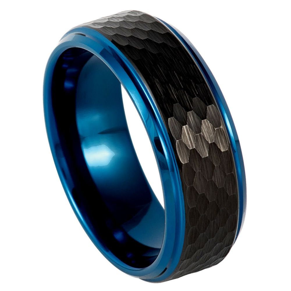 Men's Supra Black Hammered and Blue Inside Shining Finish Tungsten Ring with Beveled Edges Wedding Tungsten Tungsten Ring- 8mm Engraved Tungsten Ring