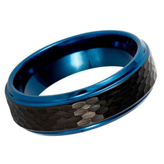 Men's Supra Black Hammered With Blue Inside Shining Finish Tungsten Ring Beveled Edges Wedding Tungsten- 6mm Engraved Tungsten Ring