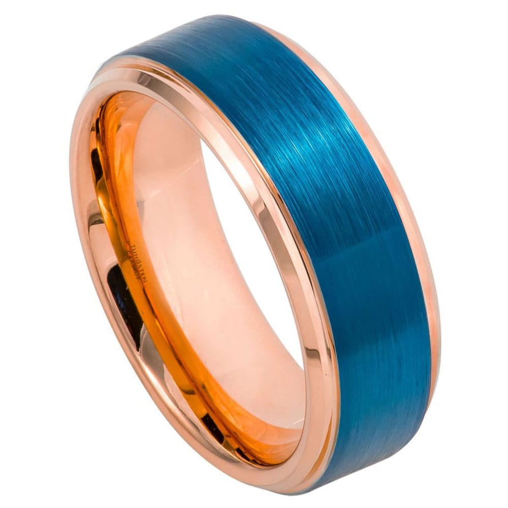 Men's Blue Band and Rose Gold outline Blue Brushed with Black CZ Tungsten Anniversary- 8mm Tungsten Ring